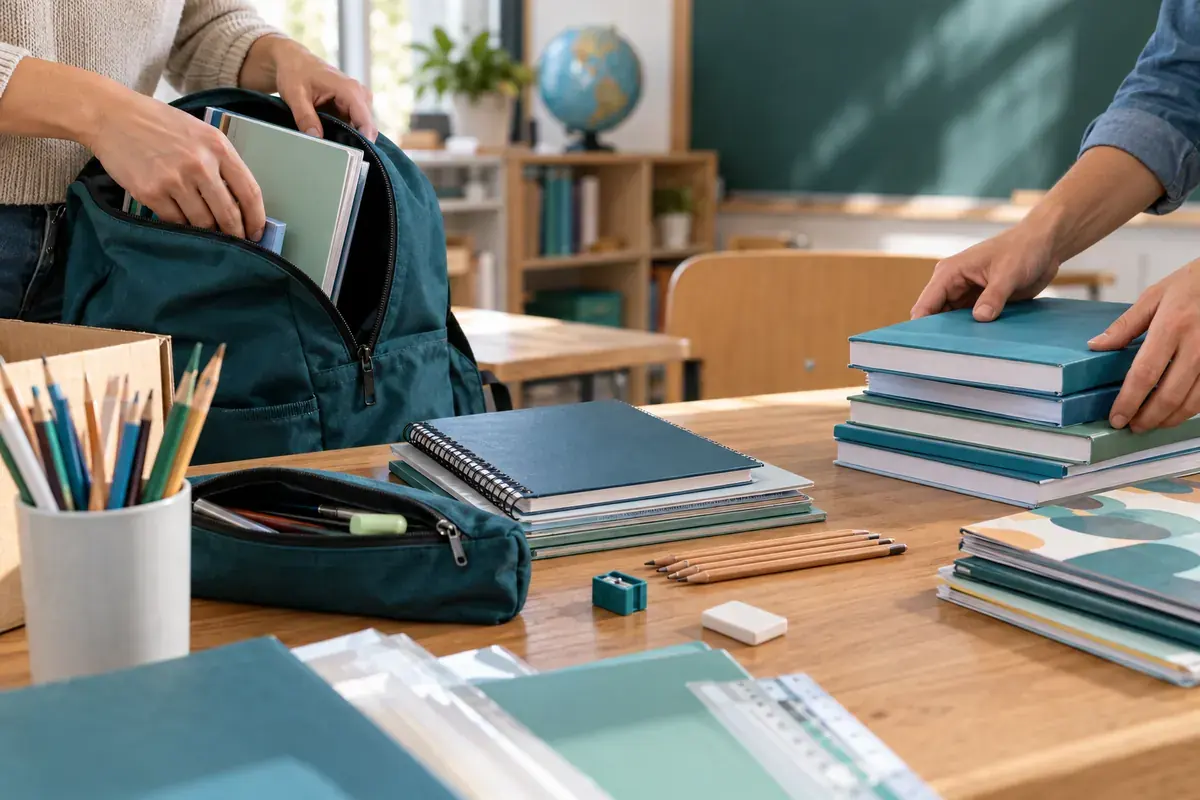 Neue und gut erhaltene Schulmaterialien, Bücher und Hefte werden für eine Schule im Kreis Lippe zusammengestellt