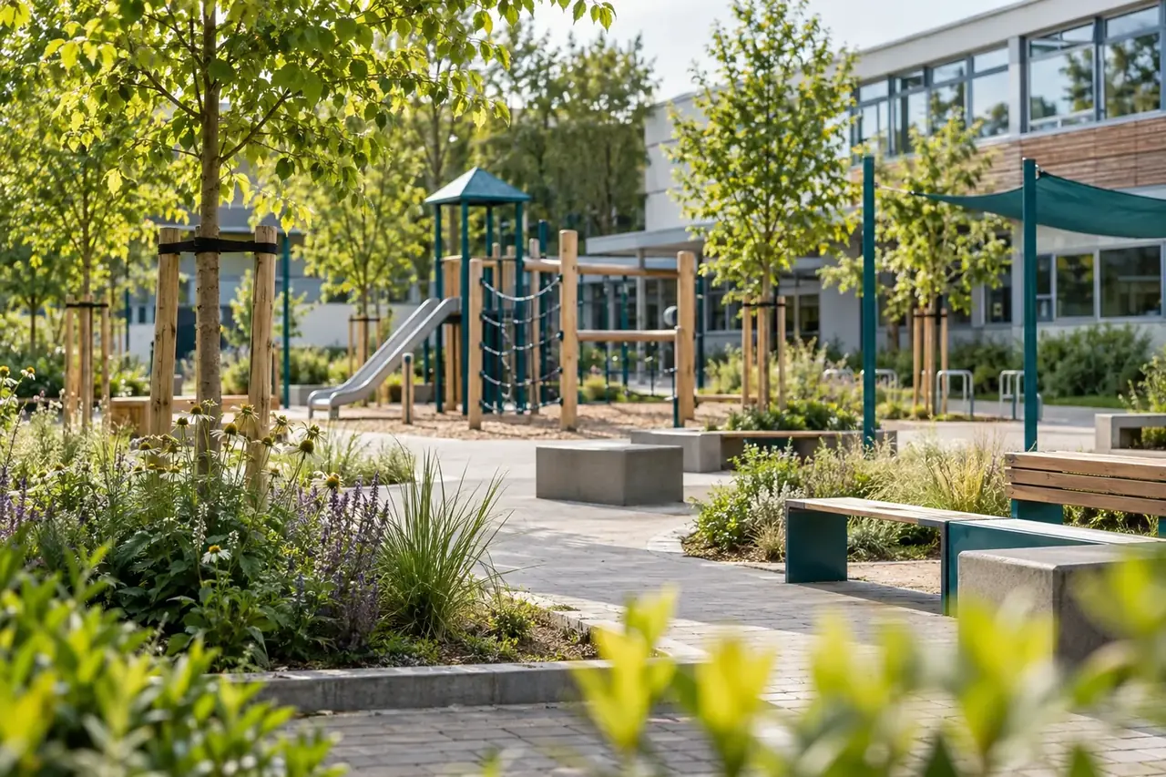 Frisch gestalteter, grüner Schulhof mit jungen Bäumen und neuen Spielgeräten an einer Schule im Kreis Lippe