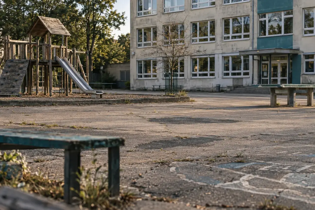 Kahler, rissiger Schulhof ohne Schatten mit verwitterten Spielgeräten an einer Schule im Kreis Lippe